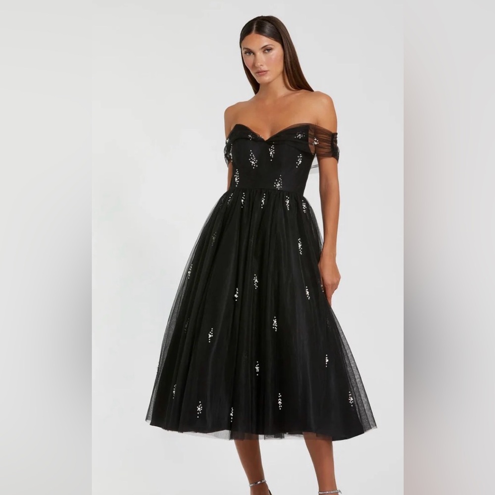Mac duggal 26498 Black Off-Shoulder Dress pearls midi